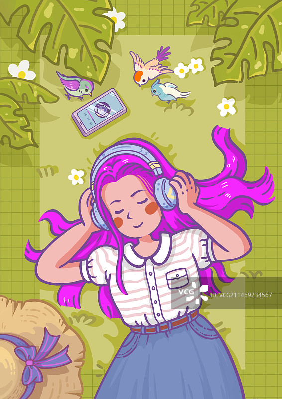 躺在草坪上的女孩图片素材