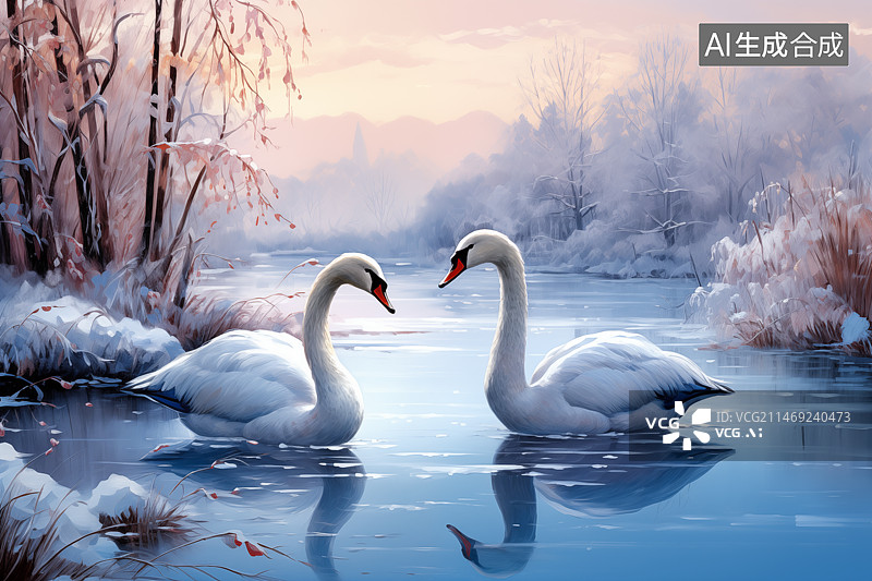 【AI数字艺术】真实绘画风格雪中湖面的两只天鹅图片素材