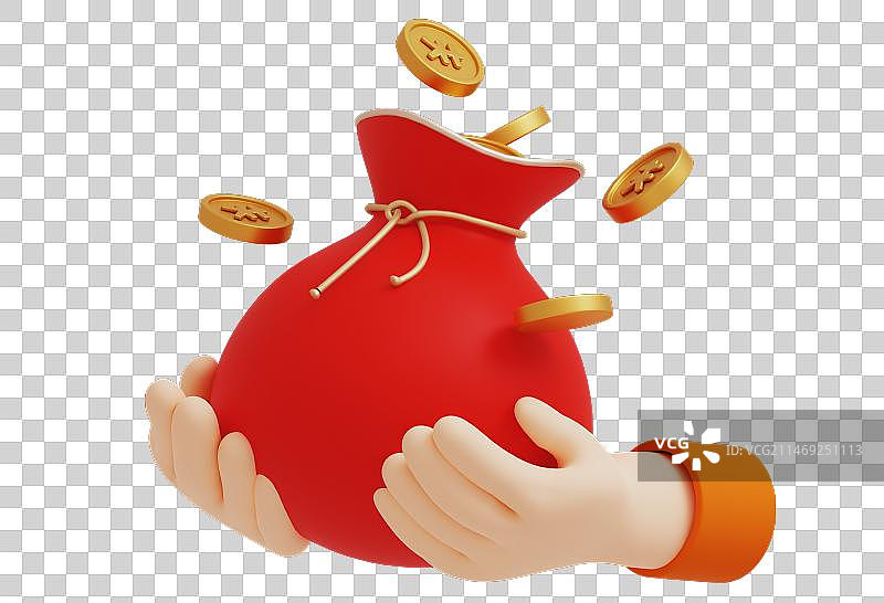3D设计春节福利一福袋装满金币手手捧起图片素材