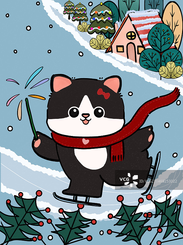 圣诞节小猫滑雪烟花图片素材