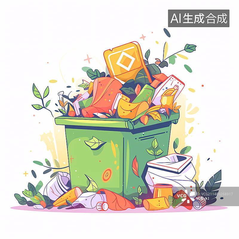 【AI数字艺术】脏乱的垃圾桶垃圾分类保护环境图片素材