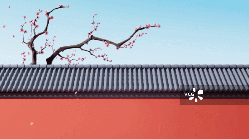 梅花与中国风红墙3D渲染图片素材