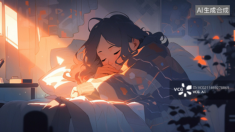 【AI数字艺术】少女躺在床上失眠,世界睡眠日睡觉失眠插画图片素材