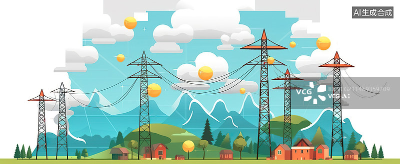 【AI数字艺术】电力铁塔电缆高压线插画图片素材
