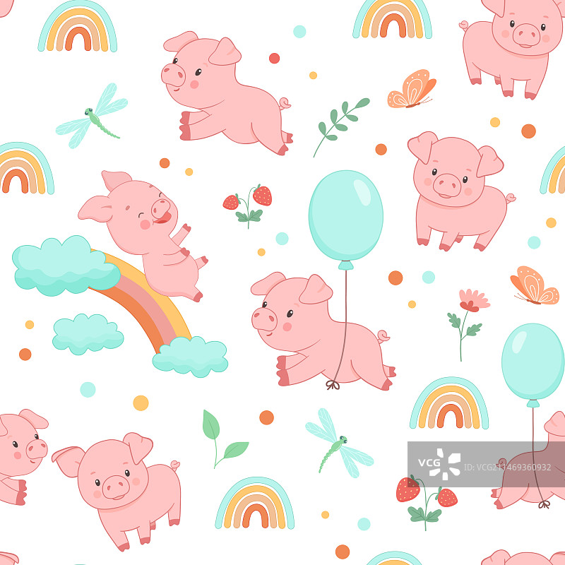 彩虹小猪无缝图案图片素材