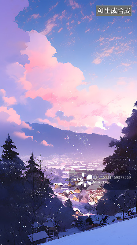 【AI数字艺术】唯美雪景，绛紫色的天空图片素材