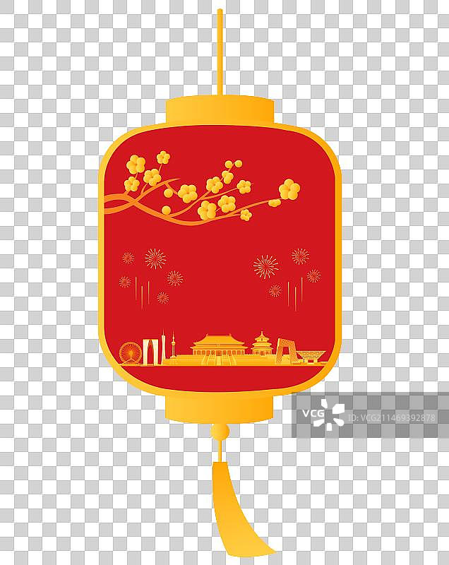 红金中国元宵节插画元素，灯笼里的中国烟花梅花高端创意插画，猜灯谜灯会春节新年节日中秋元旦小年企业图片素材