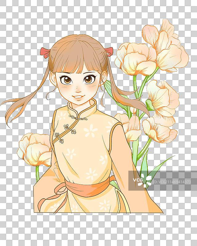 橙色花和少女图片素材