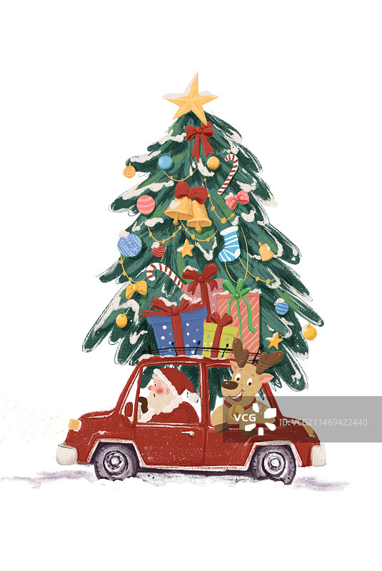 圣诞老人开车送礼物节日插画壁纸海报图片素材
