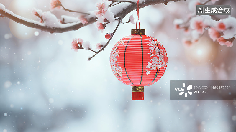 【AI数字艺术】冬至元宵春节下雪梅花枝条挂着一个漂亮的灯笼插画背景图片素材