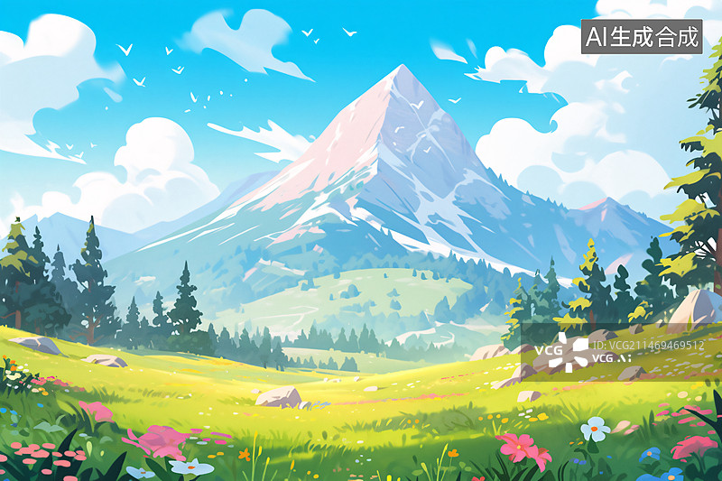 【AI数字艺术】立春节气插画，春天美丽的森林和高山场景插图图片素材