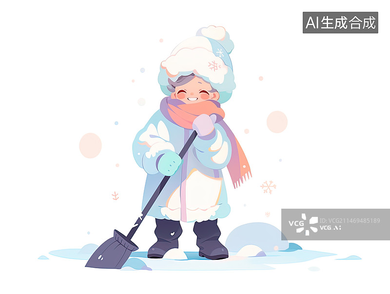 【AI数字艺术】插画风格，中国东北小孩在扫雪。图片素材