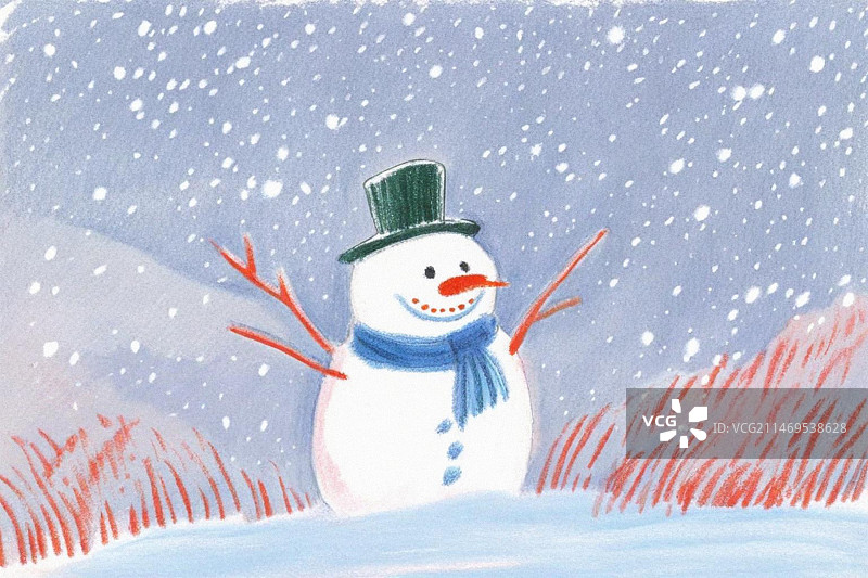 冬天大雪节气雪人中国画水彩彩铅插画儿童画绘本图片素材