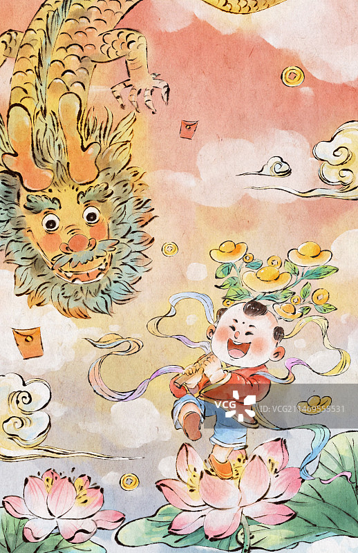 手绘新年龙年春节福娃与发财与龙插画图片素材