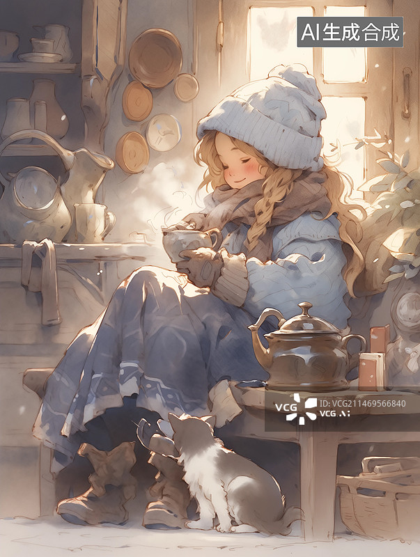 【AI数字艺术】冬日围炉喝茶图片素材
