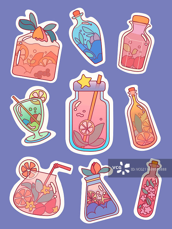 气泡饮花果茶柠檬描边矢量插画图片素材