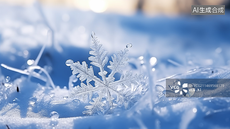 【AI数字艺术】蓝色背景下圣诞装饰的特写镜头，雪地上的雪花特写镜头图片素材