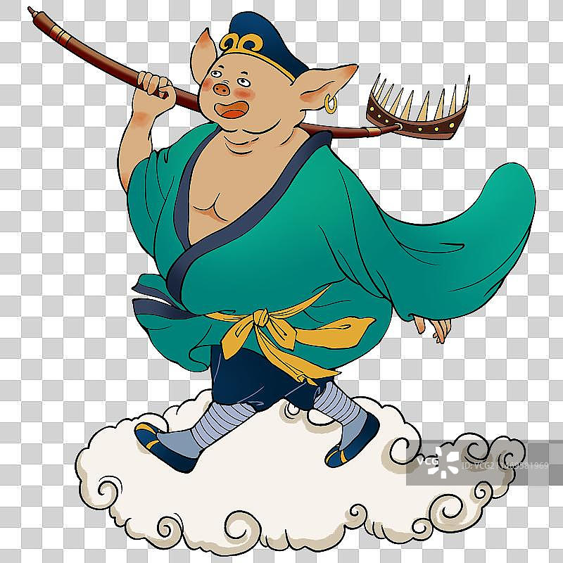 西游记元素-扛着九尺钉耙踩着祥云快乐的猪八戒图片素材