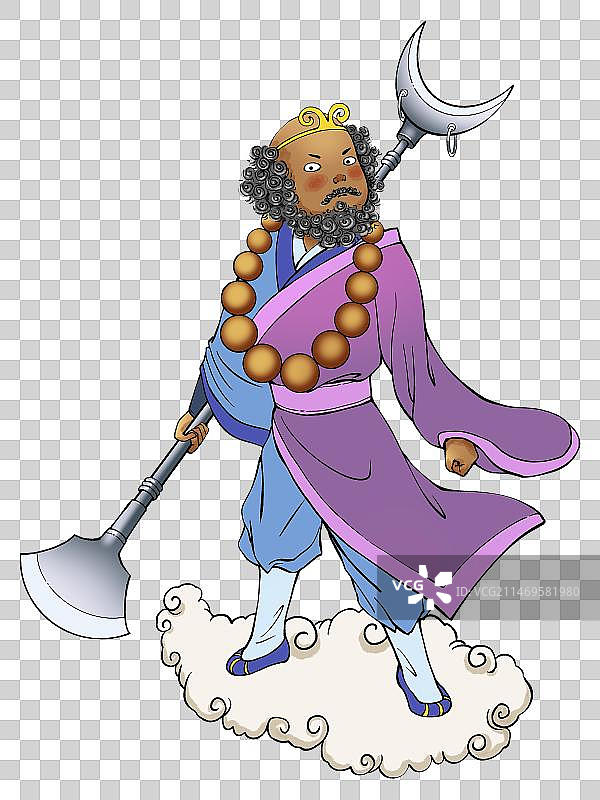 西游记元素-拿着武器踩着祥云的沙僧图片素材