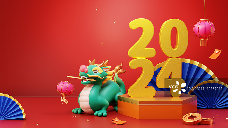 2024中国龙嘴叼灯笼 3D春节场景设计图片素材