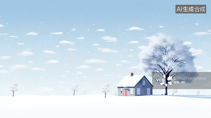 【AI数字艺术】雪山中温暖的小房子冷杉树圣诞树插画背景配图图片素材