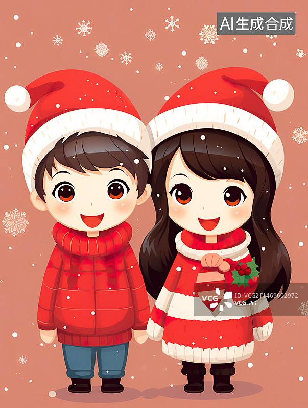 【AI数字艺术】水彩风格圣诞节男孩女孩头像插画背景配图图片素材