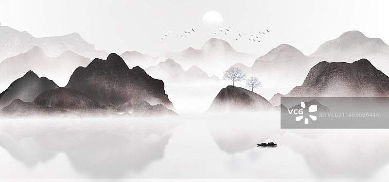 蓝色山水画背景插画图片素材