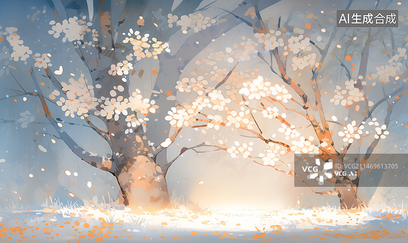 【AI数字艺术】杏花树下满地的花瓣中国风春天插画图片素材