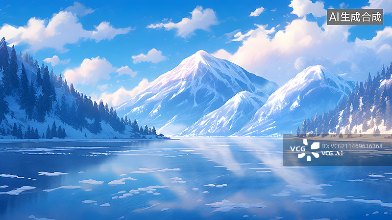 【AI数字艺术】高山蓝天雪山湖泊户外风景插画图片素材