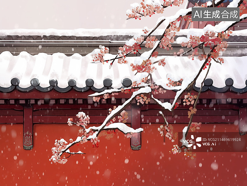 【AI数字艺术】冬季雪景，纯净的红墙，落满雪的梅花树枝图片素材