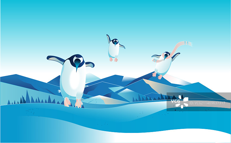 企鹅在雪地里玩耍图片素材