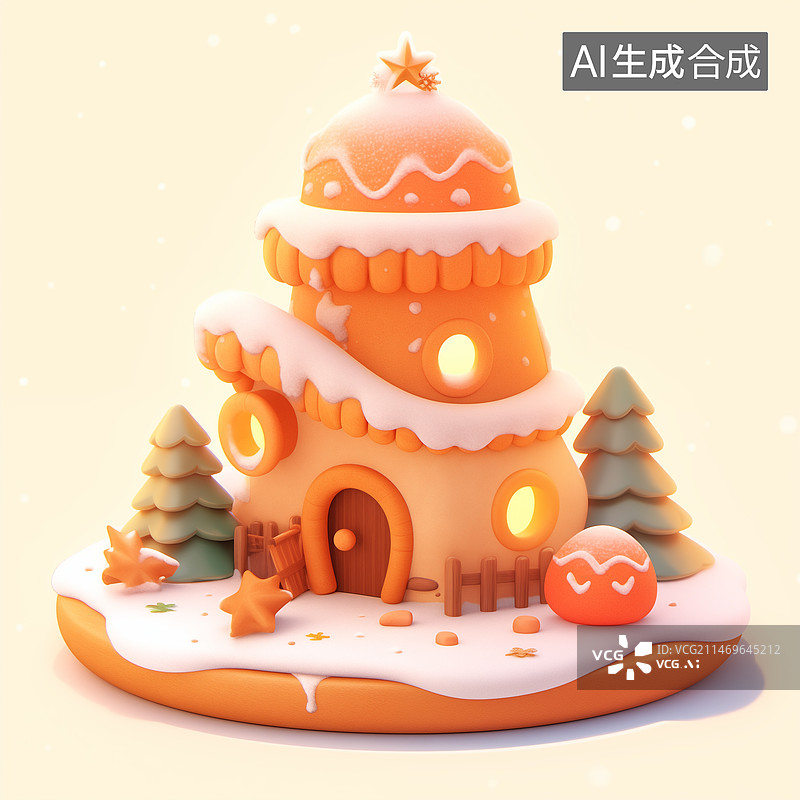 【AI数字艺术】3D图标圣诞元素姜饼屋粘土卡通可爱图片素材