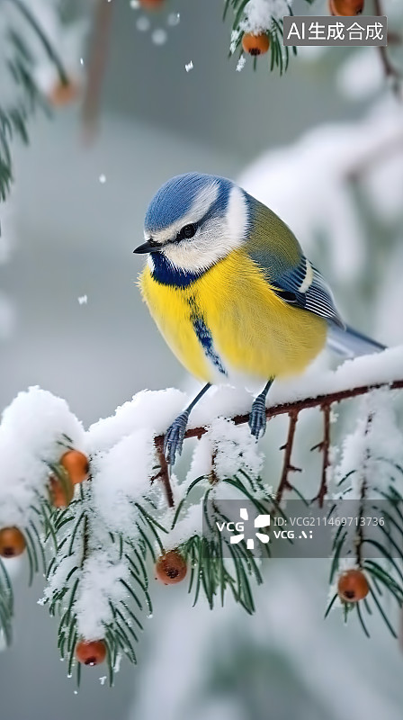 【AI数字艺术】栖息在冬天树篱上的蓝山雀(蓝山雀)图片素材