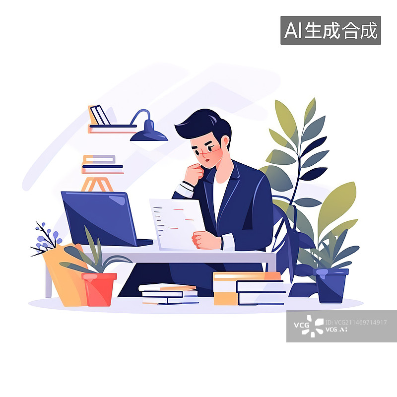 【AI数字艺术】扁平风商务男白领在电脑前工作图片素材