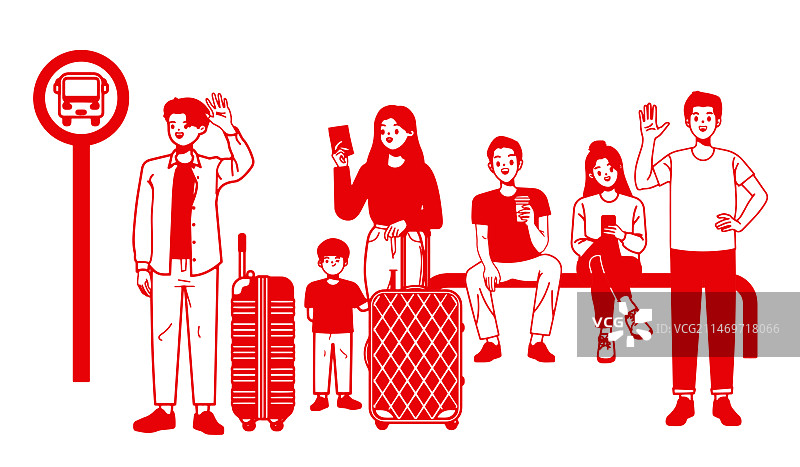 剪纸风格在公交车站等车的人群图片素材