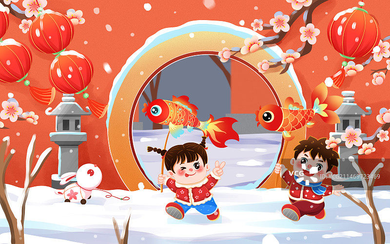 新年元宵节举花灯的男孩女孩福娃插画图片素材