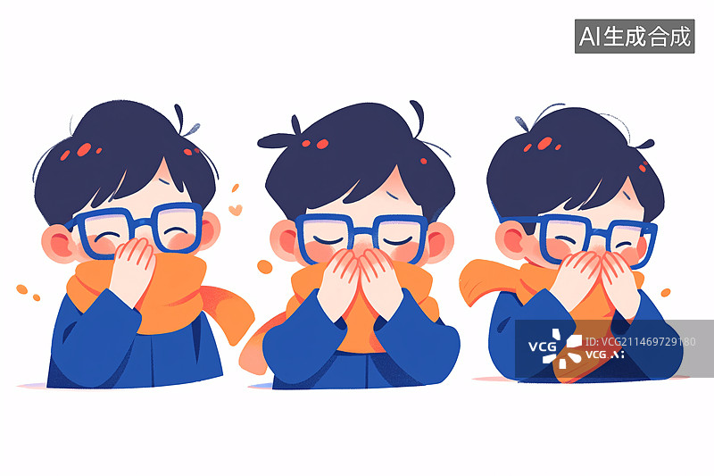 【AI数字艺术】冬天感冒带着口罩的男孩，新冠病毒发热概念插画图片素材