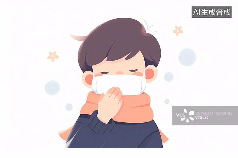 【AI数字艺术】冬天感冒带着口罩的男孩，新冠病毒发热概念插画图片素材