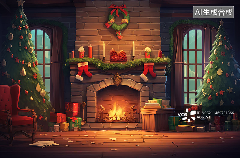 【AI数字艺术】圣诞装饰和壁炉图片素材
