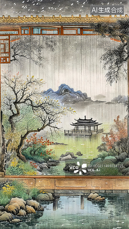 【AI数字艺术】简约画风的中式园林景观设计手机屏保图片素材