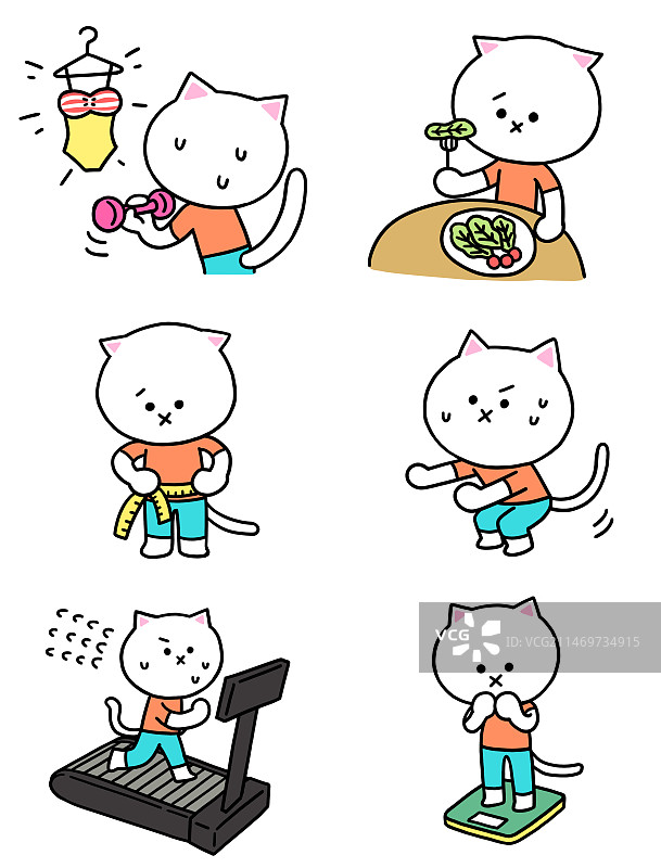 表情符号、人物、夏天、猫、饮食、锻炼、节食、体重秤、跑步机图片素材