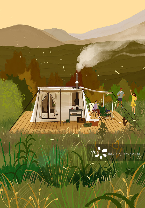 秋季露营家庭灌木丛山脉图片素材