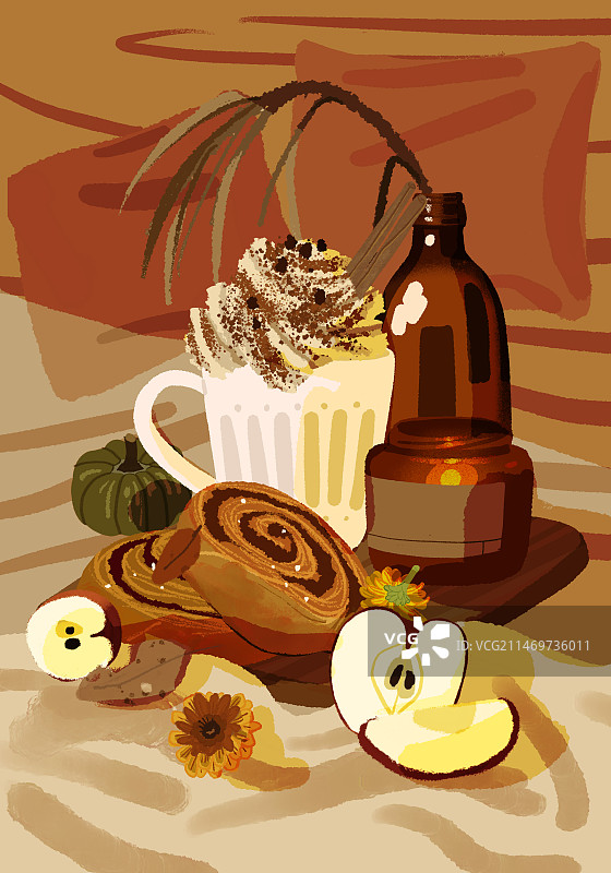 秋季主题：拿铁与肉桂卷图片素材