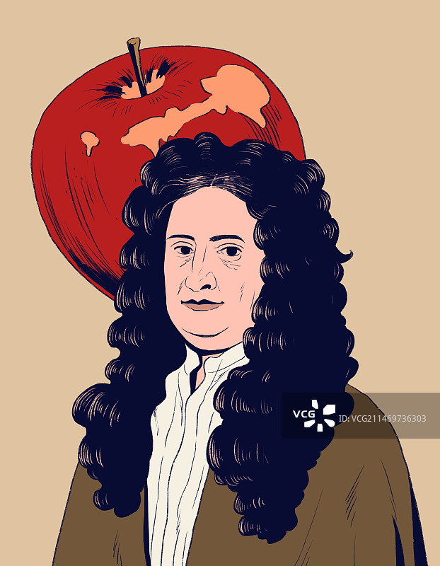 伟人艾萨克·牛顿与苹果和引力，数学家图片素材