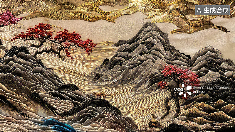 【AI数字艺术】苏绣风格的中国山水画山脉祥云景观图片素材