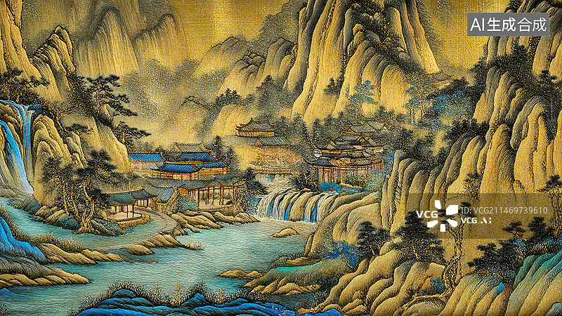 【AI数字艺术】苏绣风格的中国山水画山脉祥云景观图片素材