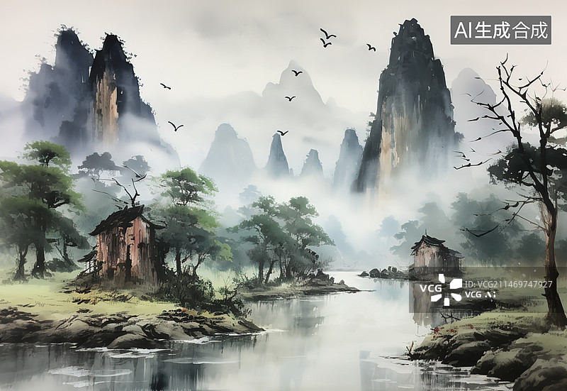 【AI数字艺术】中国山水画图片素材
