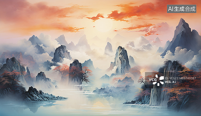 【AI数字艺术】新国风山水彩绘瀑布江山插画图片素材