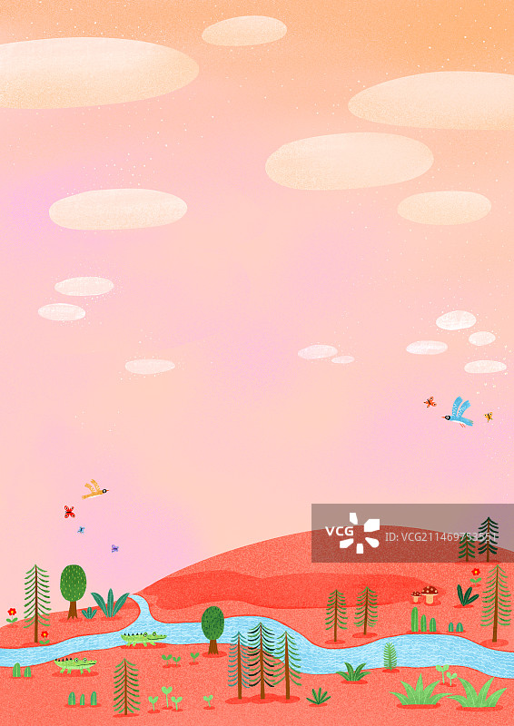 背景唯美插画 粉红色的天空 红色土地 反复走入童话世界图片素材