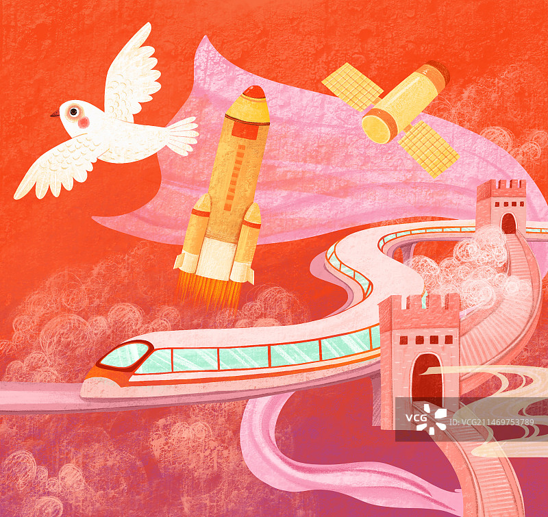 背景唯美插画 长城高铁鸽子和飞行器图片素材